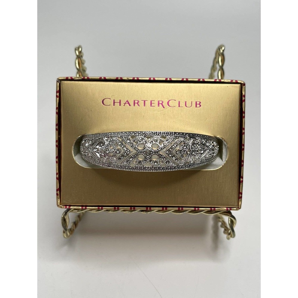 CHARTER CLUB Hinged Bangle Bracelet New Silvertone Clear Austrian Crystals - Picture 1 of 5